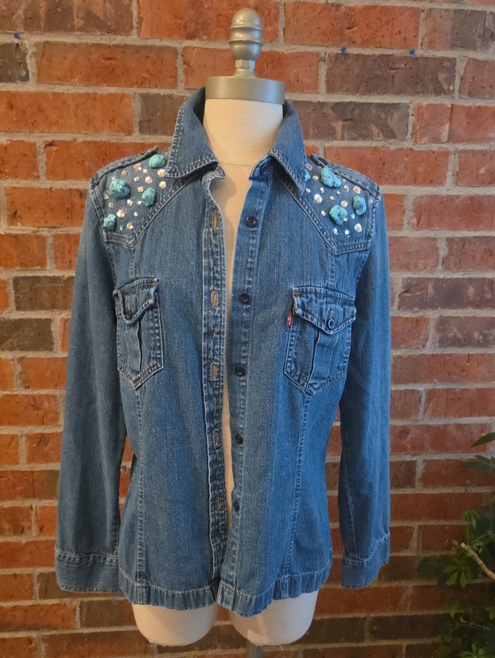 Levi's Blue Denim Button-Down Shirt with Turquoise And Crystal Embellishments L